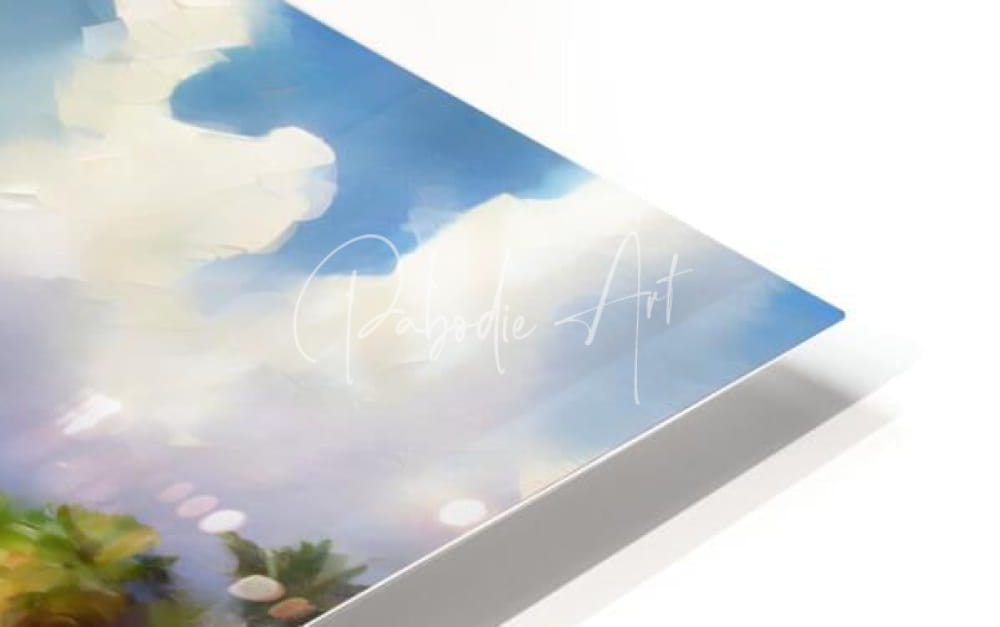 A sleek modern acrylic print titled marina del rey featuring a soft watercolor sky with clouds and green foliage