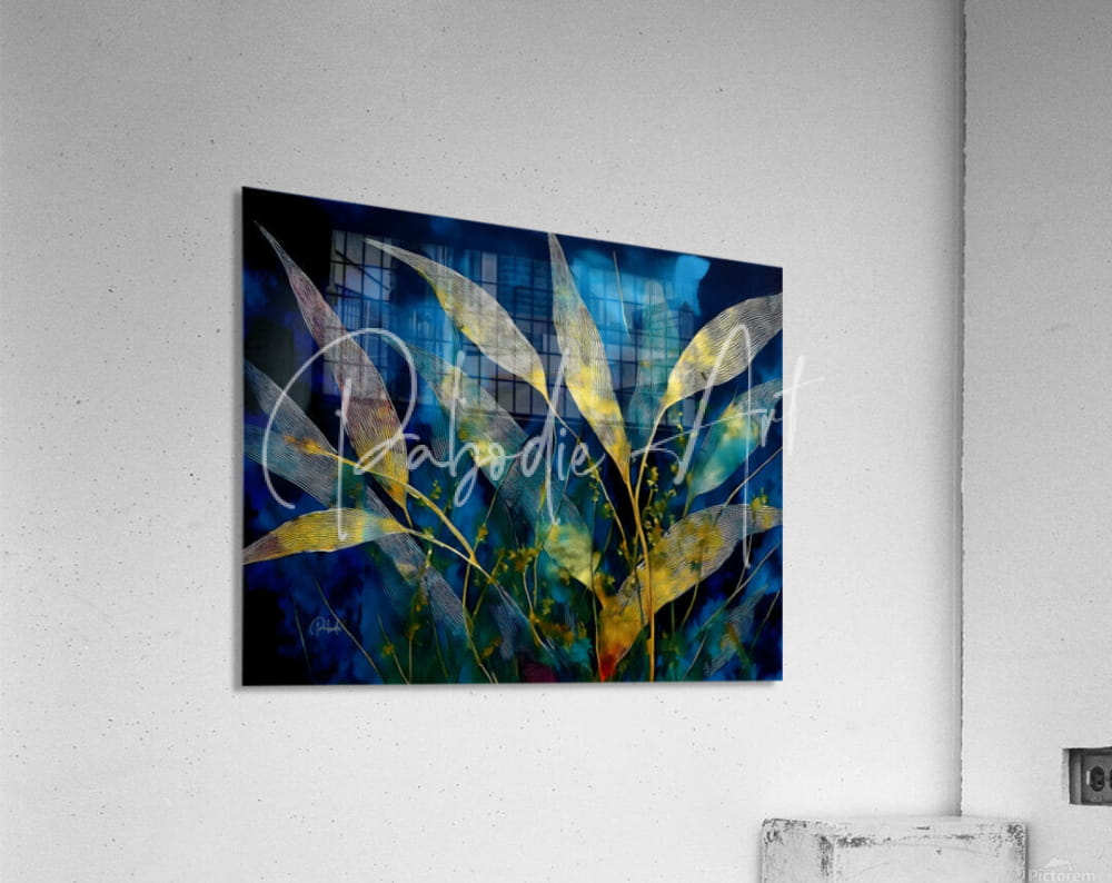 Abstract acrylic print moonlit bamboo with translucent golden and yellow leaves on deep blue background signed by artist