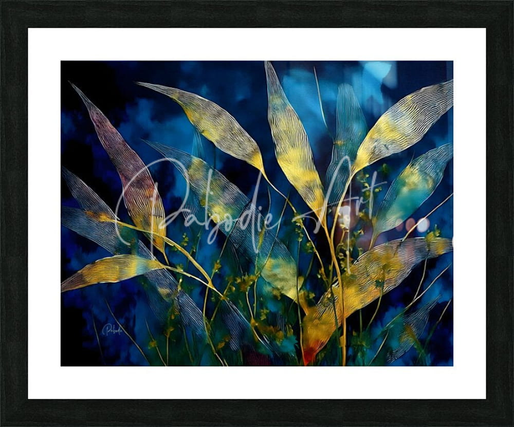 Moonlit bamboo abstract art print with translucent golden yellow leaves on a deep blue background