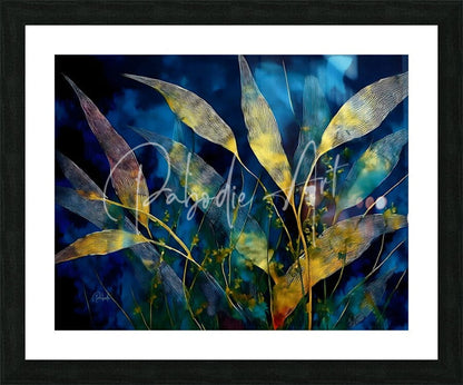 Moonlit bamboo abstract art print with translucent golden yellow leaves on a deep blue background