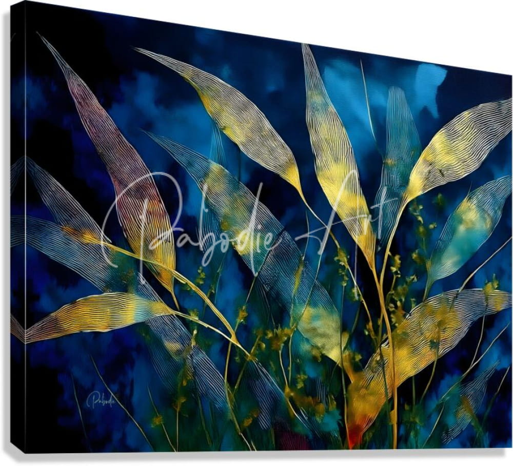 Abstract canvas painting moonlit bamboo with stylized golden and teal leaves on deep blue background signed by artist