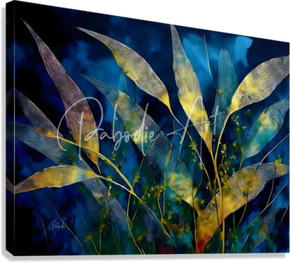 Abstract canvas painting moonlit bamboo with stylized golden and teal leaves on deep blue background signed by artist