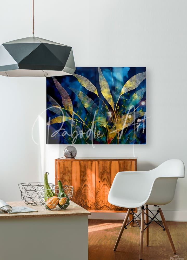 A modern abstract canvas painting titled Moonlit Bamboo with stylized leaves in deep blue gold and green hues