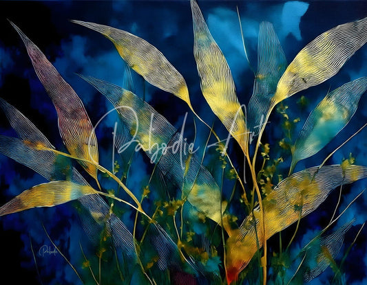 Stylized golden and blue leafy plant artwork with intricate line detailing on moonlit bamboo wall decor