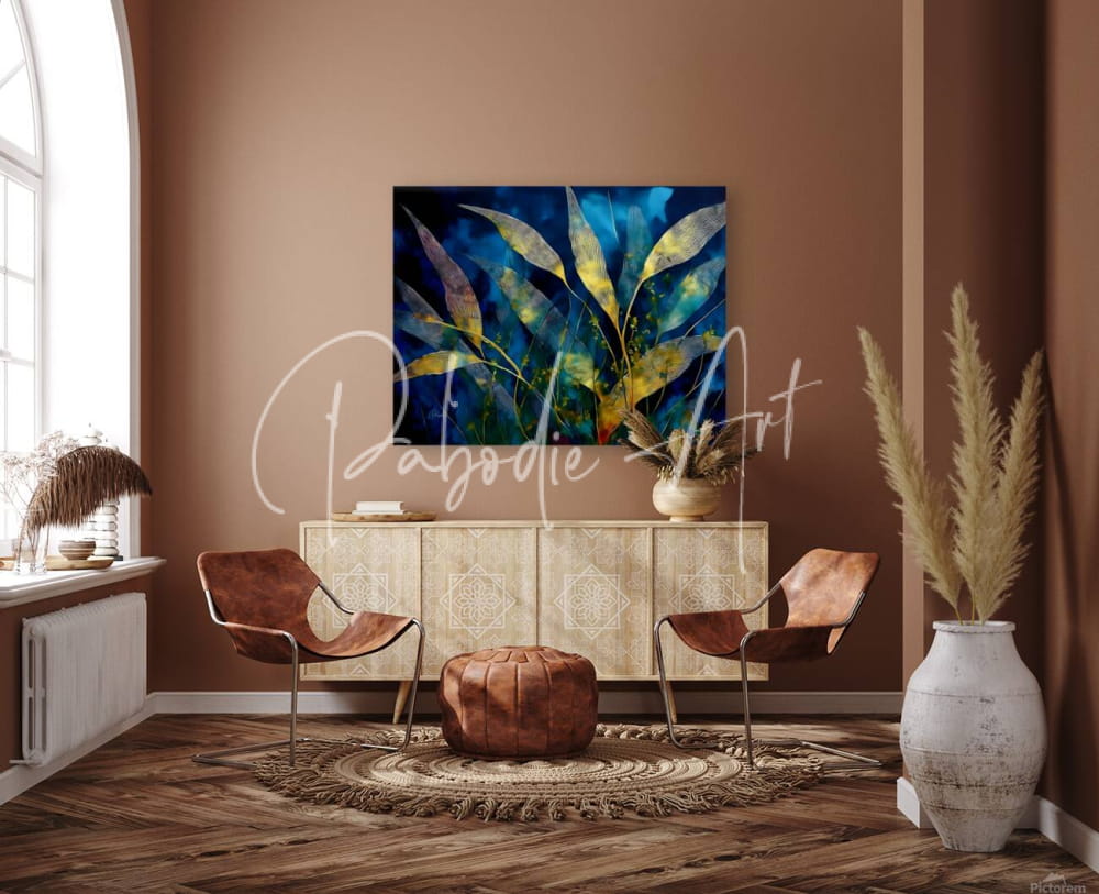 A vibrant abstract Moonlit Bamboo painting with stylized blue green and gold leaves hangs above a light cabinet