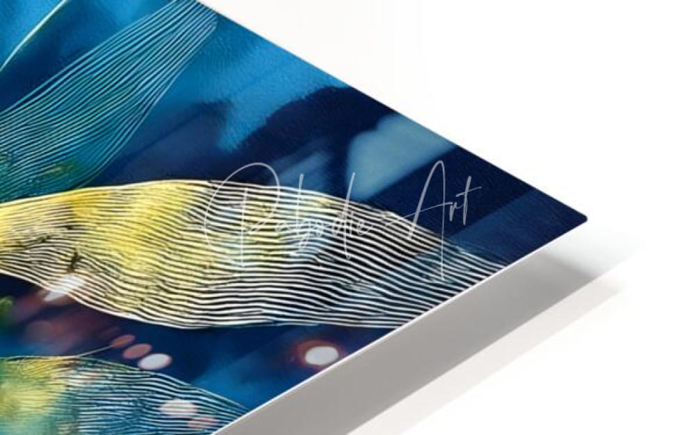 A modern abstract art print titled moonlit bamboo featuring a yellow and white striped whale on deep blue background