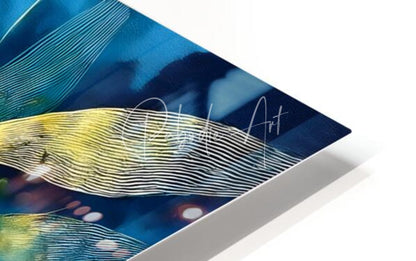 A modern abstract art print titled moonlit bamboo featuring a yellow and white striped whale on deep blue background