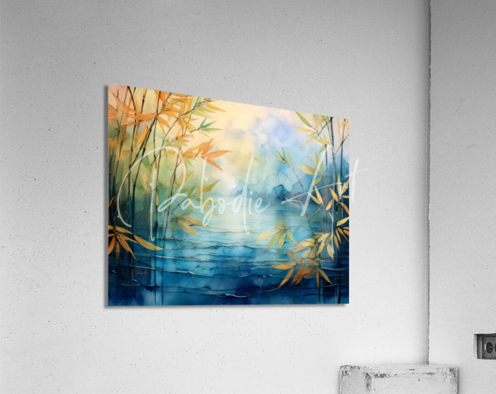 A rectangular acrylic print titled mosiac bamboo and water featuring a watercolor bamboo landscape in golden green hues