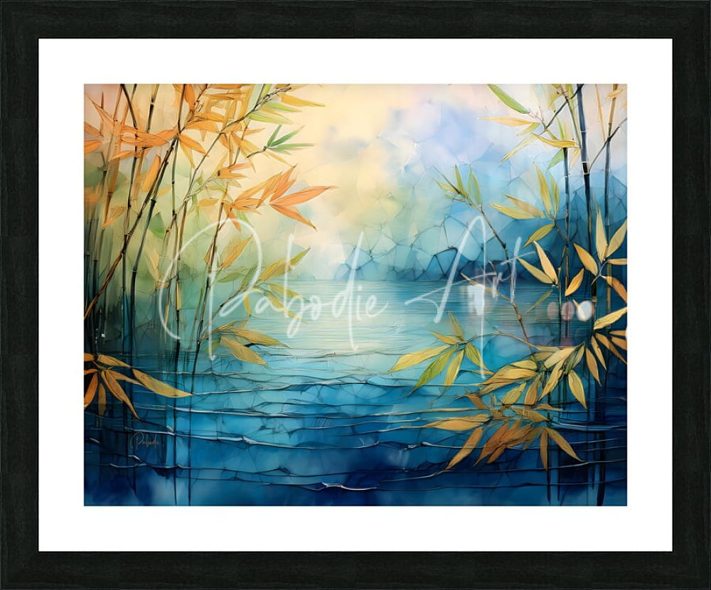 Framed abstract painting of bamboo stalks with golden green leaves on textured blue water background titled mosiac bamboo and water