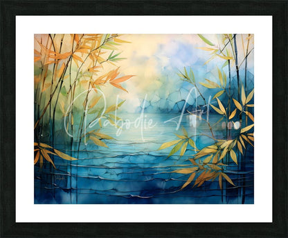Framed abstract painting of bamboo stalks with golden green leaves on textured blue water background titled mosiac bamboo and water