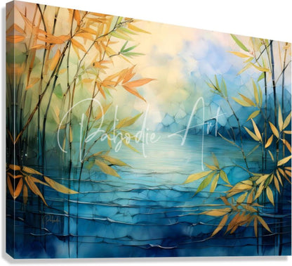 A serene acrylic canvas painting titled mosaic bamboo and water featuring golden and green bamboo over blue water