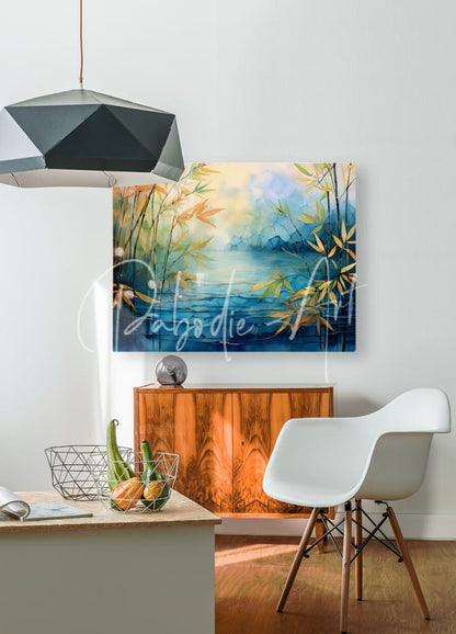 A vibrant watercolor painting titled Mosiac bamboo and water featuring bamboo and a blue landscape with yellow to indigo gradients