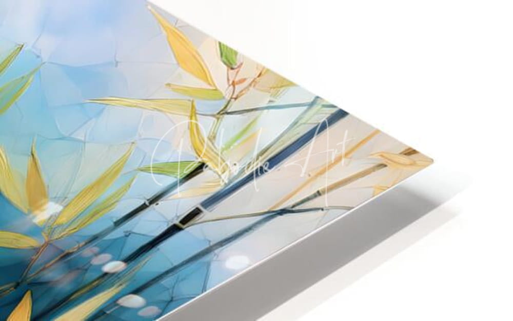 A modern acrylic print titled mosiac bamboo and water with stylized yellow and green bamboo leaves on a blue background