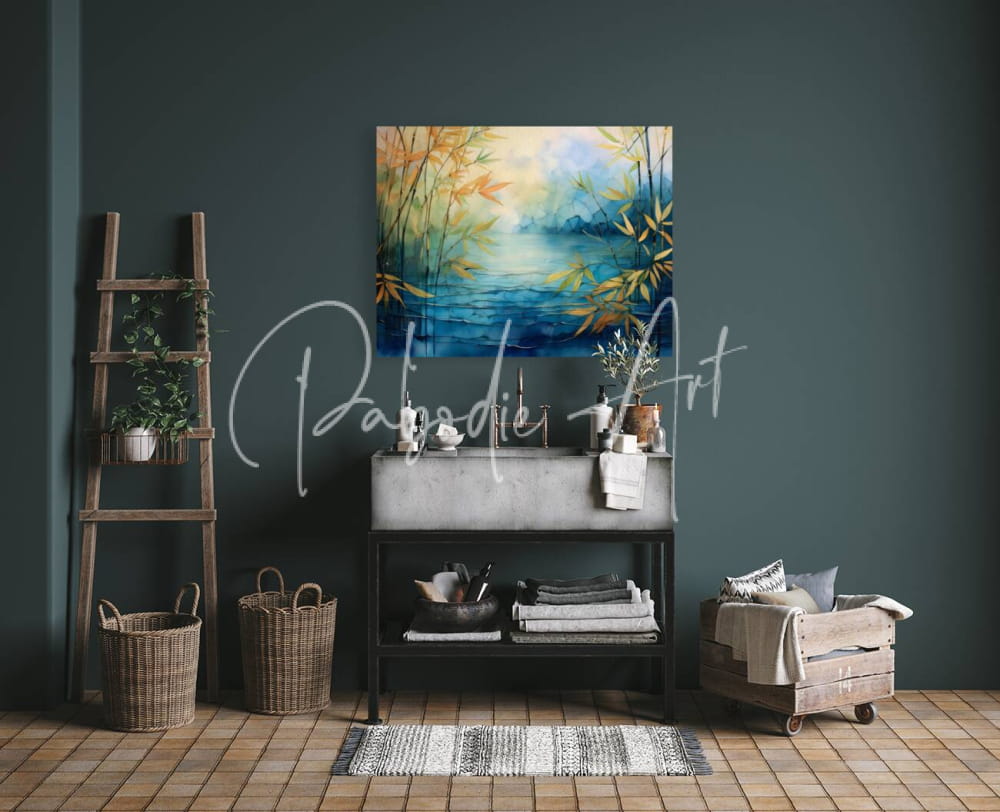 Mosiac bamboo and water vibrant abstract painting with golden and blue hues on serene water scene framed in white