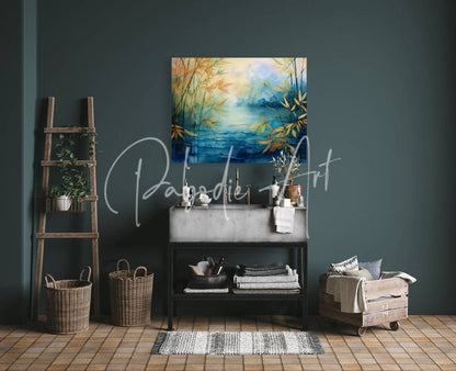 Mosiac bamboo and water vibrant abstract painting with golden and blue hues on serene water scene framed in white