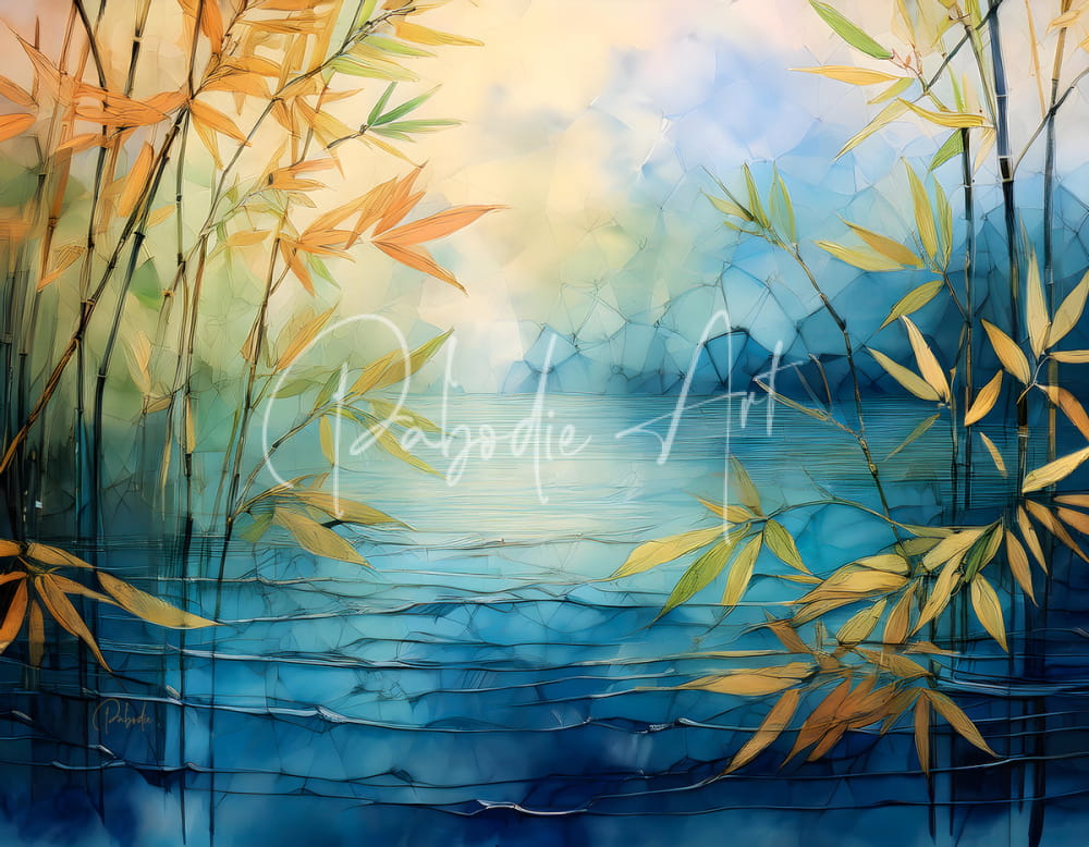 A serene watercolor painting titled mosaic bamboo and water featuring tall golden-yellow bamboo framing a blue lake
