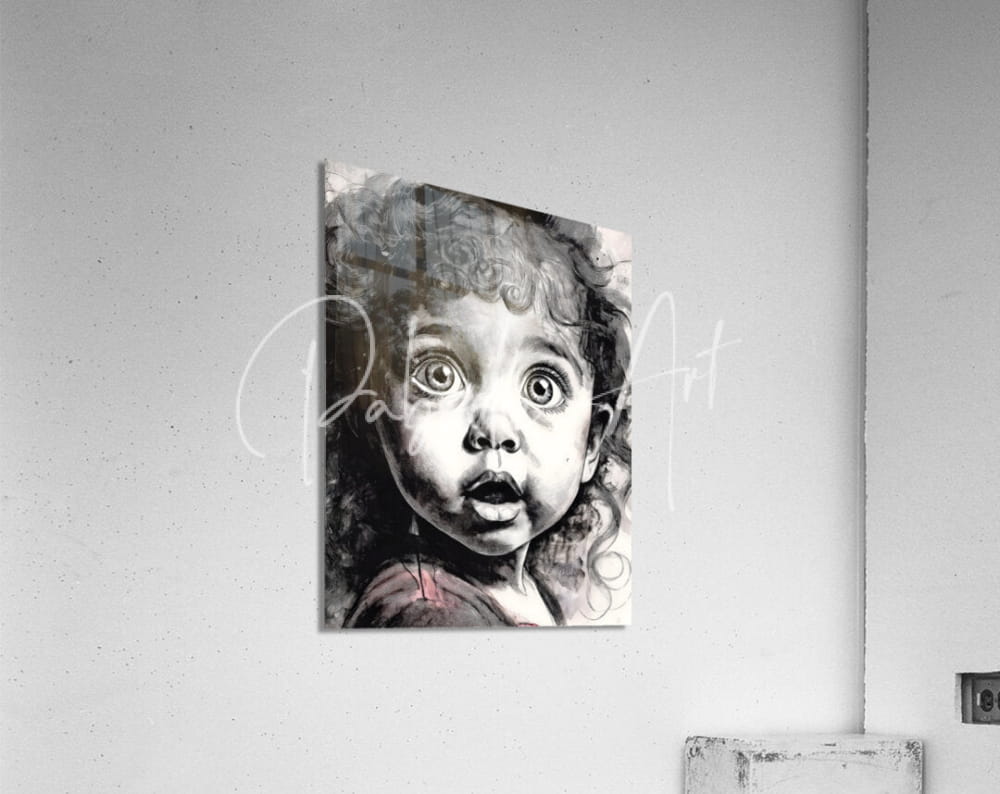 Black and white acrylic print of a wide eyed child with curly hair mounted on wall titled oh my