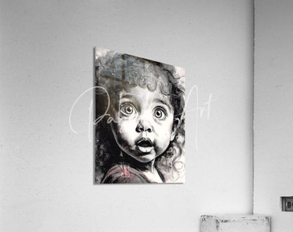 Black and white acrylic print of a wide eyed child with curly hair mounted on wall titled oh my