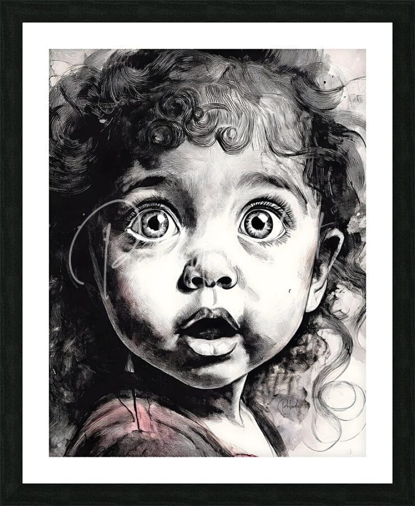 Black and white ink drawing of a child with curly hair in a black frame titled oh my wall art print