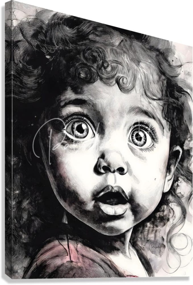Black-and-white ink drawing on canvas titled oh my featuring a child with curly hair wide eyes and subtle pink shading