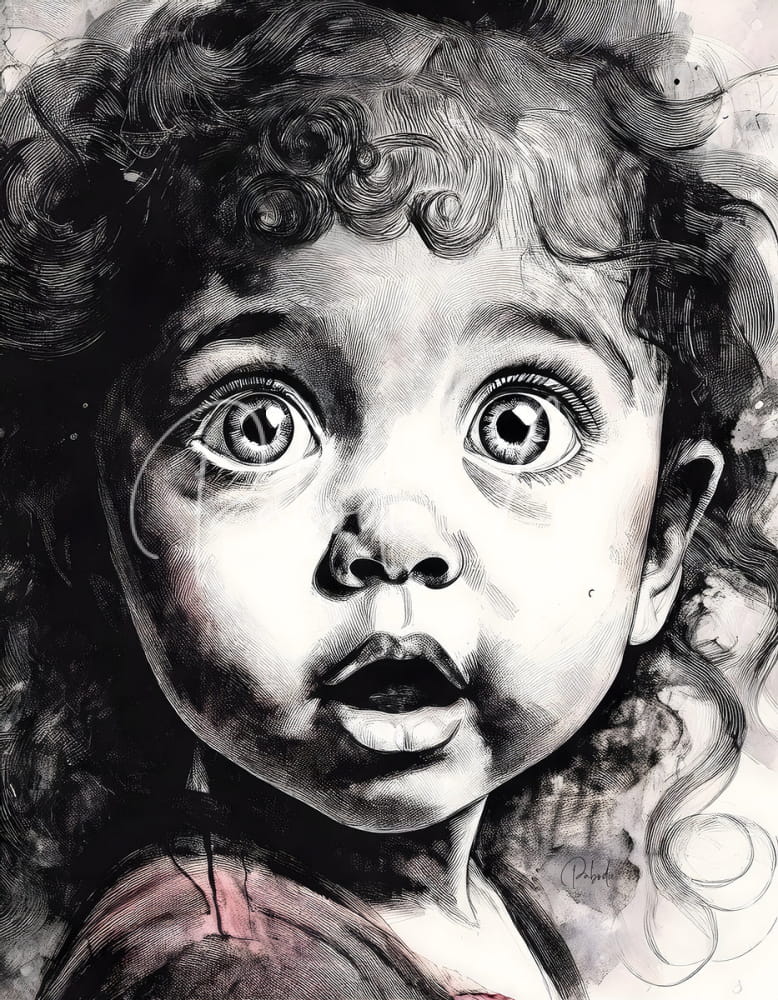 A black and white ink drawing of a tearful young child with curly hair on the product oh my!