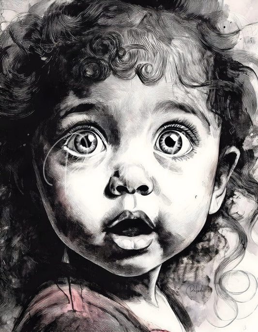 A black and white ink drawing of a tearful young child with curly hair on the product oh my!