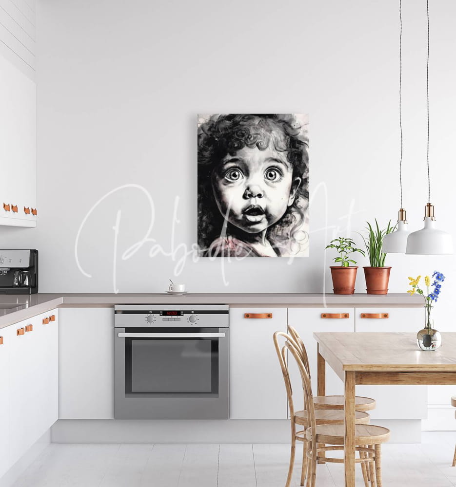 Black-and-white canvas print titled OH MY of a child with curly hair and wide eyes mounted on a wall