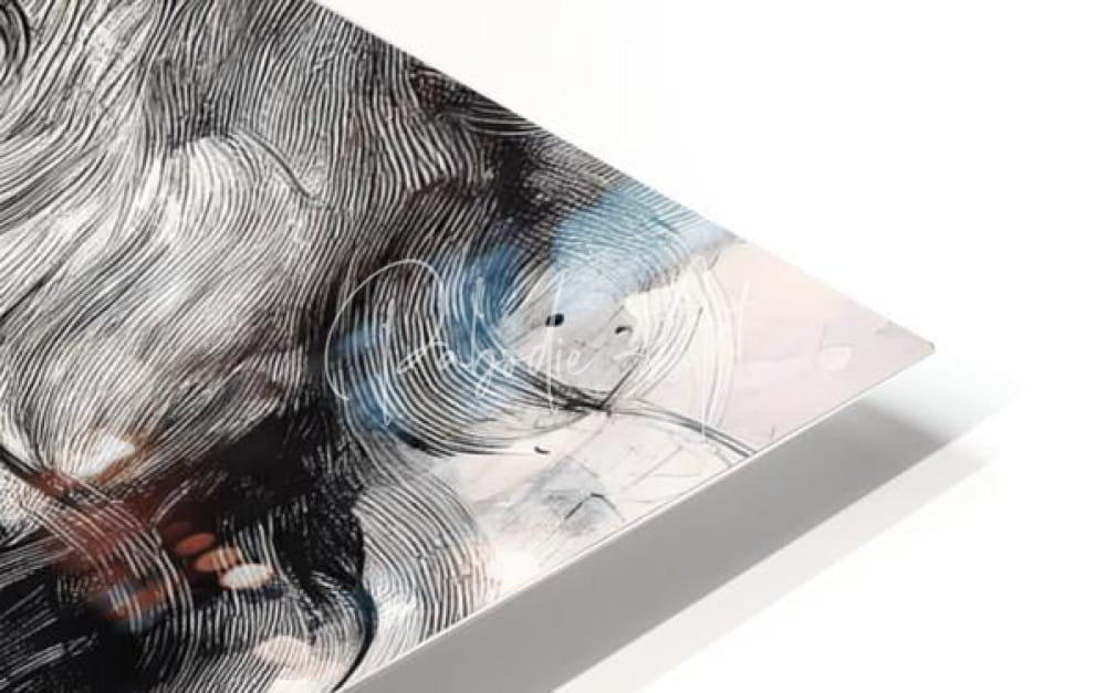 Oh my modern metal print featuring abstract swirling black white lines with blue and pink accents