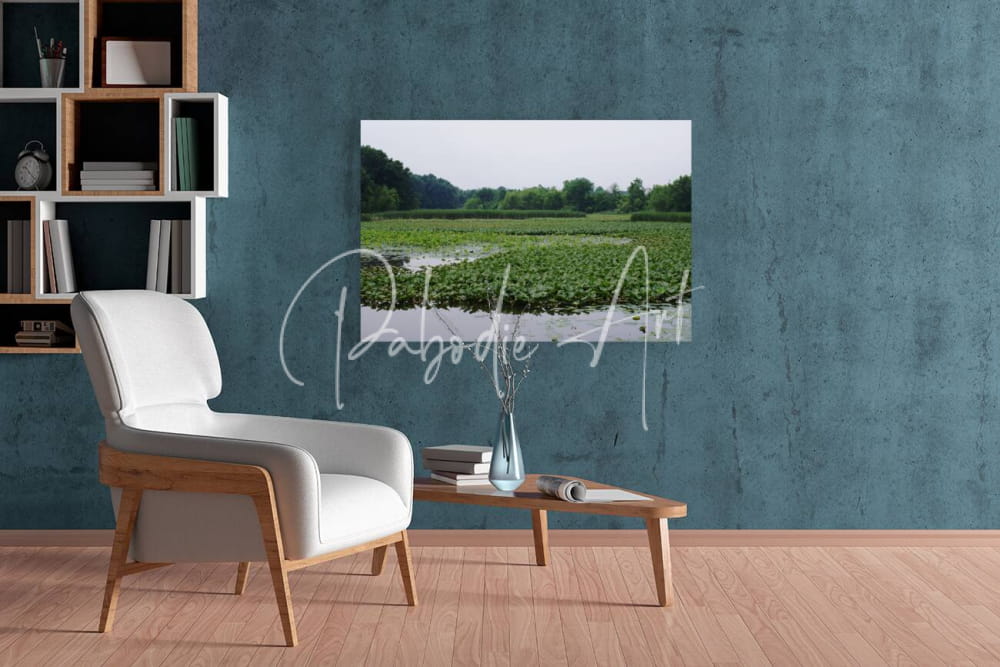 A rectangular canvas print titled natural elevations of nature at sheldon marsh showing a green marshland on teal wall
