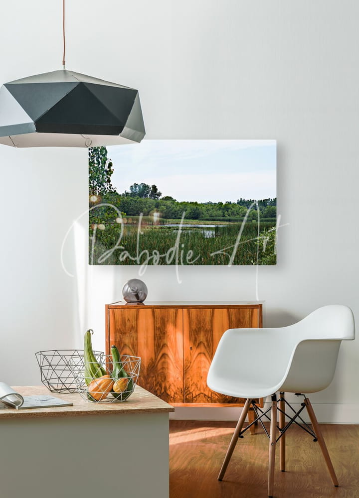A rectangular canvas print titled natural serenity featuring a serene landscape with green trees and calm water on a white wall