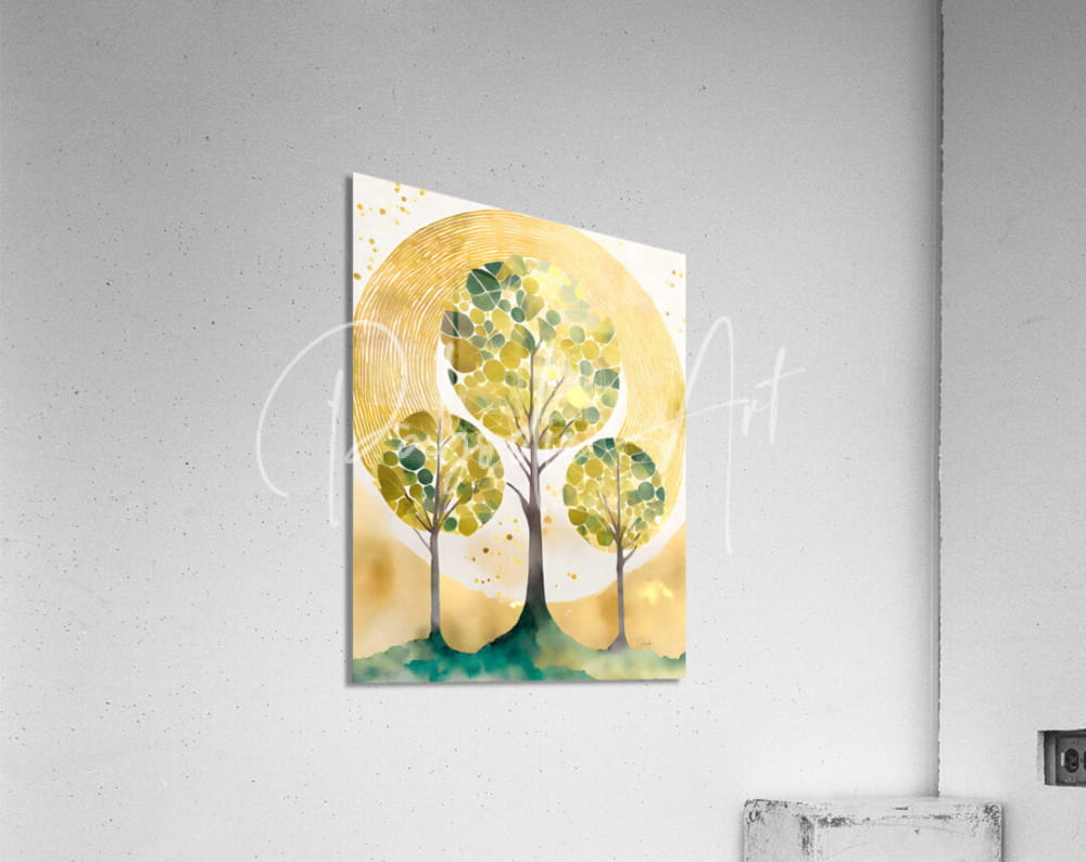 Watercolor painting of three stylized trees with green and yellow leaves and a golden circular background in natures unity force