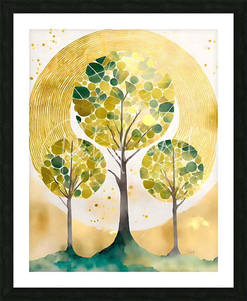 A framed artwork titled Natures Unity Force featuring stylized trees with green and yellow leaves and a golden sunburst background