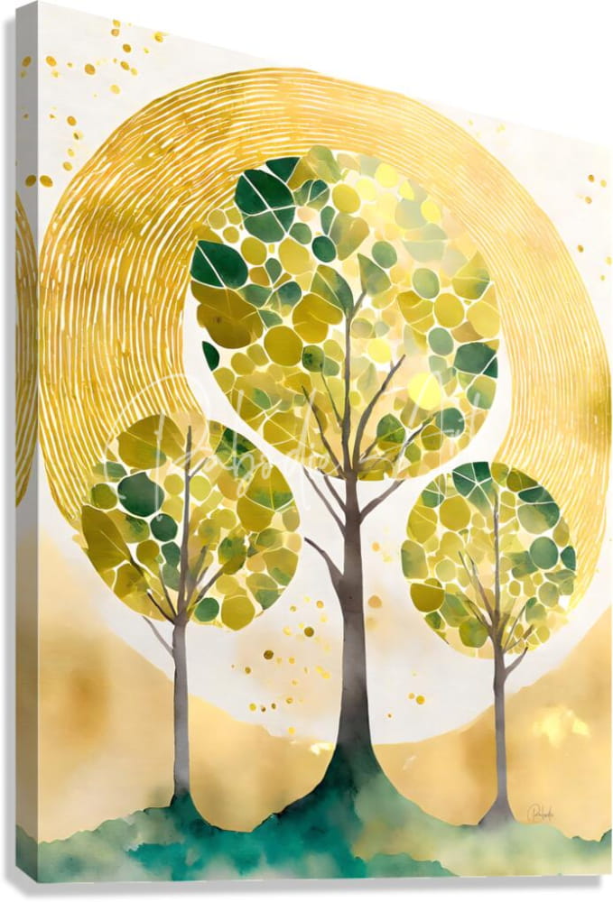 Golden and green stylized tree canvas art with circular sun backdrop titled natures unity force for wall decor