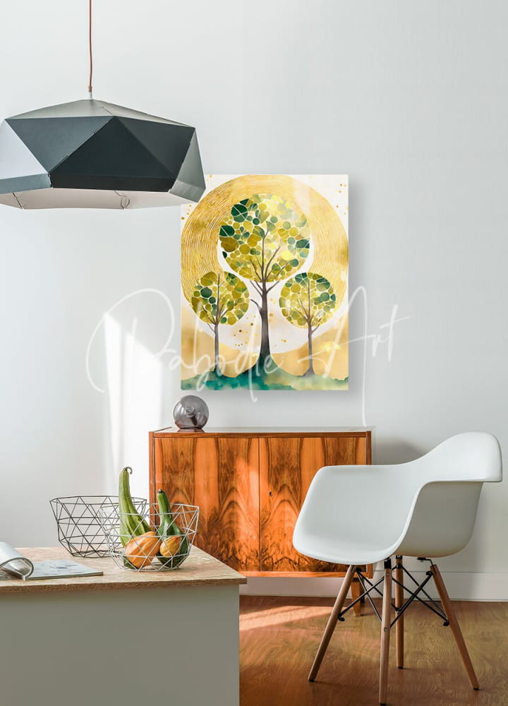A modern watercolor painting titled Natures Unity Force with stylized green trees and a golden circular backdrop