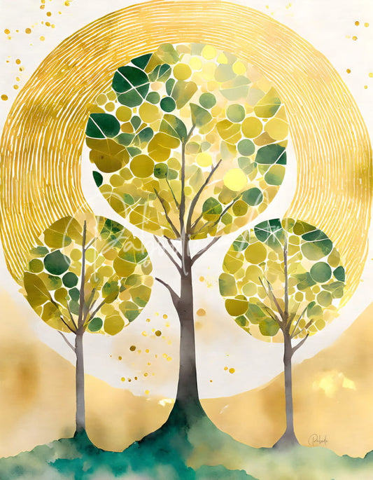 Stylized watercolor painting of three trees with green and yellow dot canopies against a golden sunburst background in natures unity force