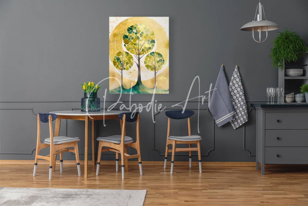 Watercolor canvas painting titled natures unity force featuring stylized green trees on warm yellow circular background