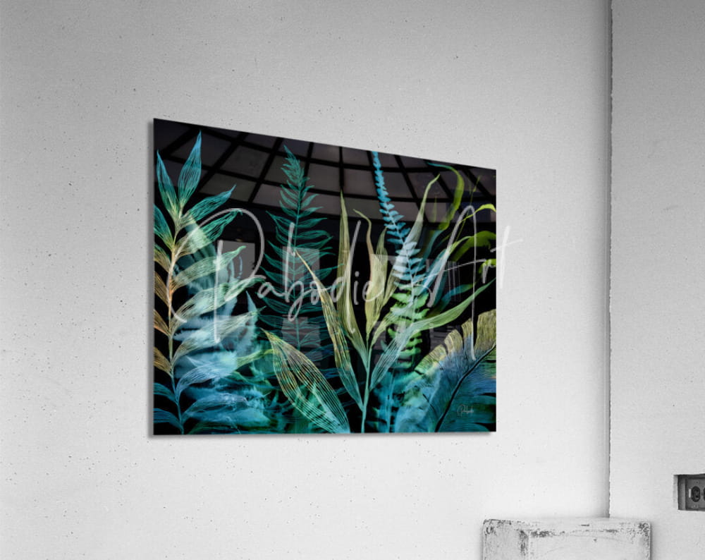 A rectangular acrylic print titled night tropics featuring vibrant green and teal tropical foliage on a dark background