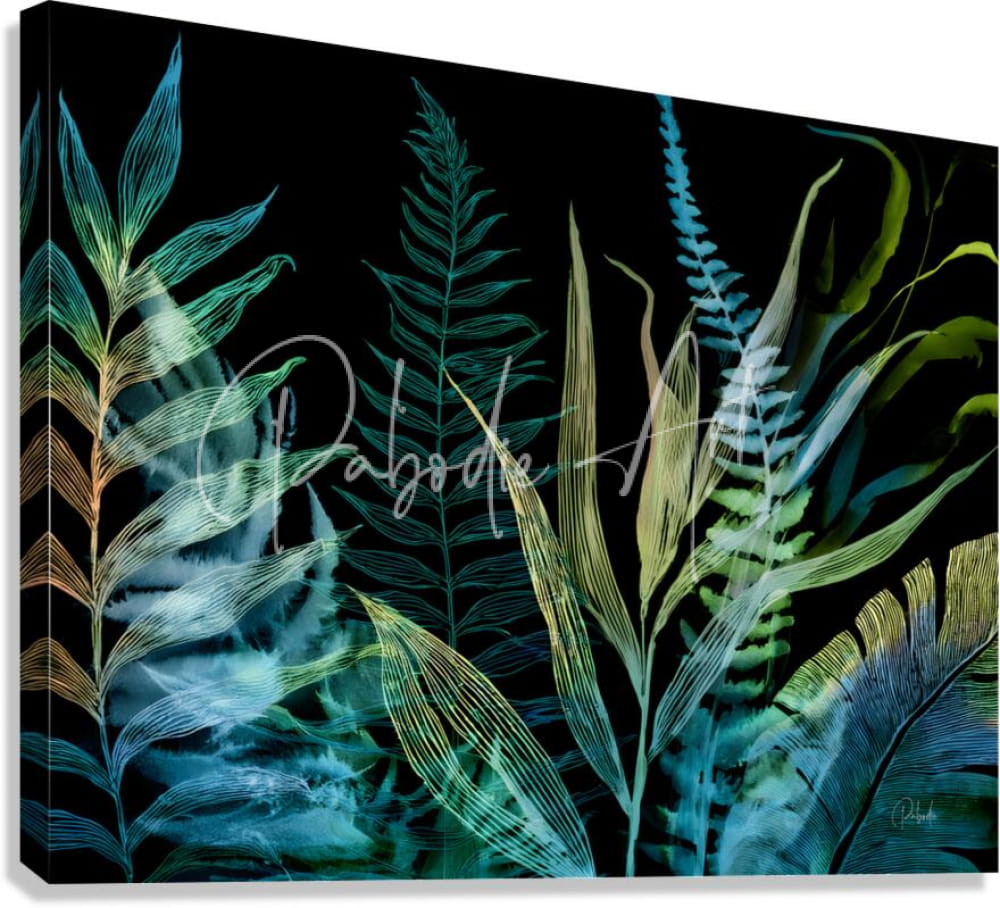 Night tropics vibrant abstract botanical canvas print with glowing teal and gold ferns on deep black background