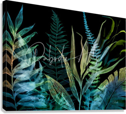 Night tropics vibrant abstract botanical canvas print with glowing teal and gold ferns on deep black background