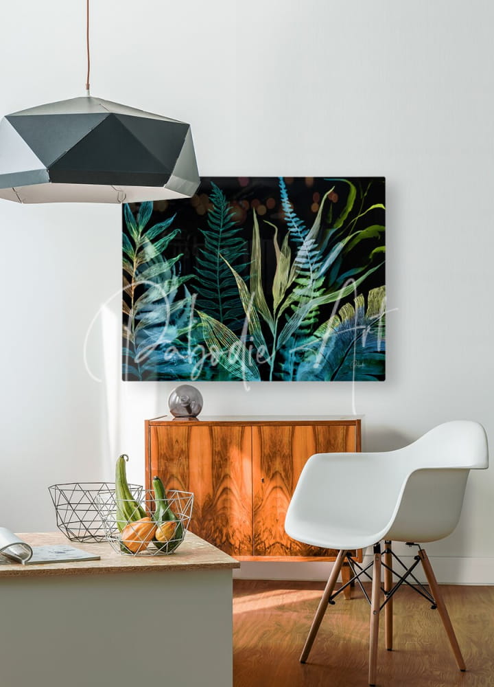 A vibrant botanical canvas print titled Night Tropics with lush green ferns on dark background in modern interior