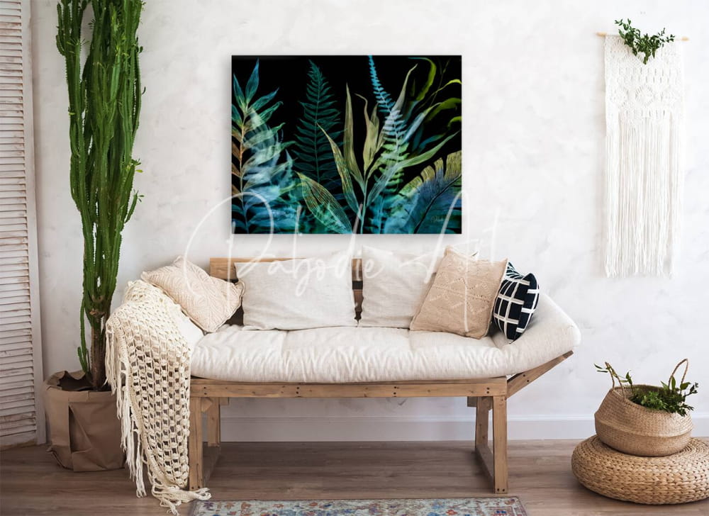 A rectangular canvas print titled night tropics featuring vibrant green ferns on a black background mounted on a white wall