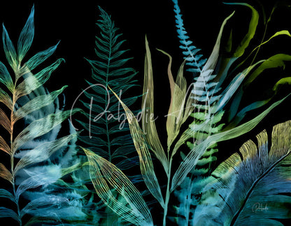 Night tropics vibrant translucent botanical illustration with layered teal green and gold ferns on black background