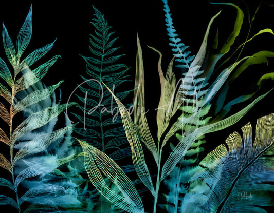 Night tropics vibrant translucent botanical illustration with layered teal green and gold ferns on black background