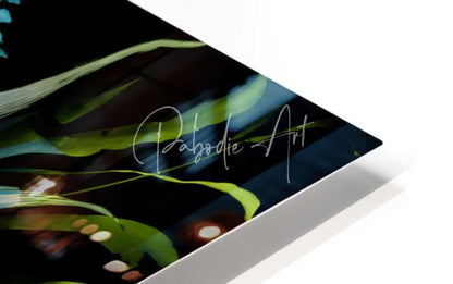 A sleek black acrylic print night tropics with vibrant green and teal abstract brushstrokes and silver pabodie art signature