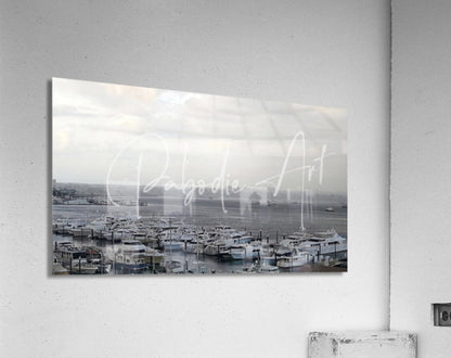 Black-and-white acrylic print of Old Port Cove Marina featuring numerous boats in a detailed marina scene
