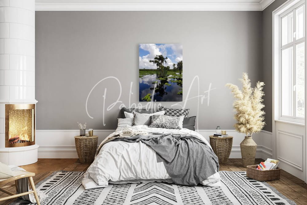 Rectangular canvas print titled osprey reflections depicting a serene swamp with tall trees and reflective water under blue sky