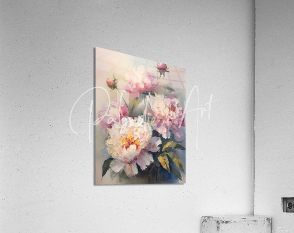 A rectangular acrylic print titled Painting Peonies featuring pink and white peonies with green leaves on a wall