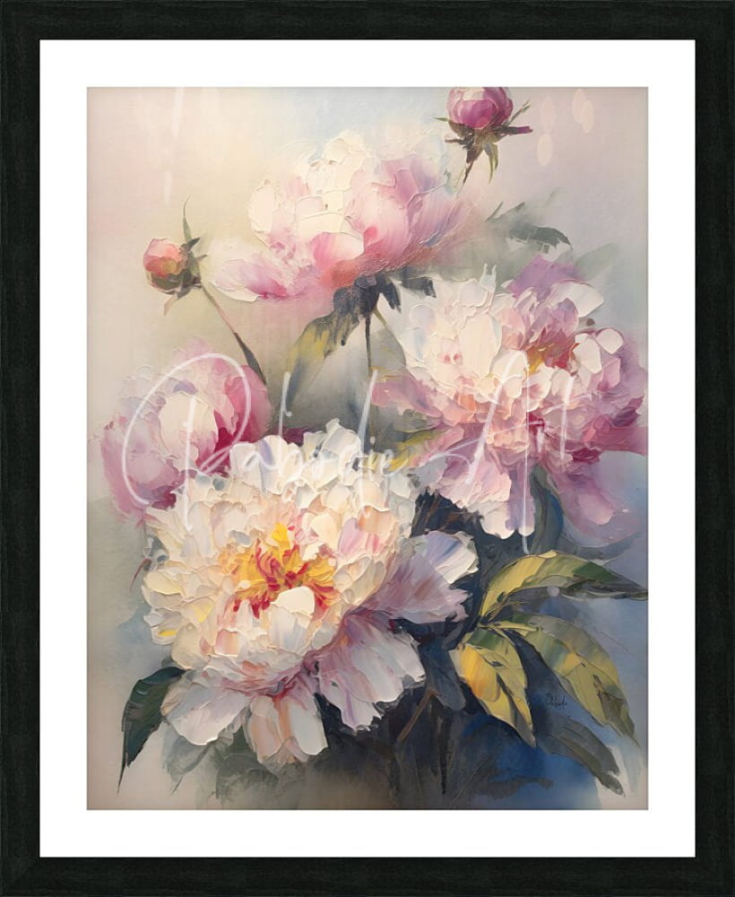 A framed watercolor painting featuring delicate pink and white peonies with soft yellow centers titled painting peonies