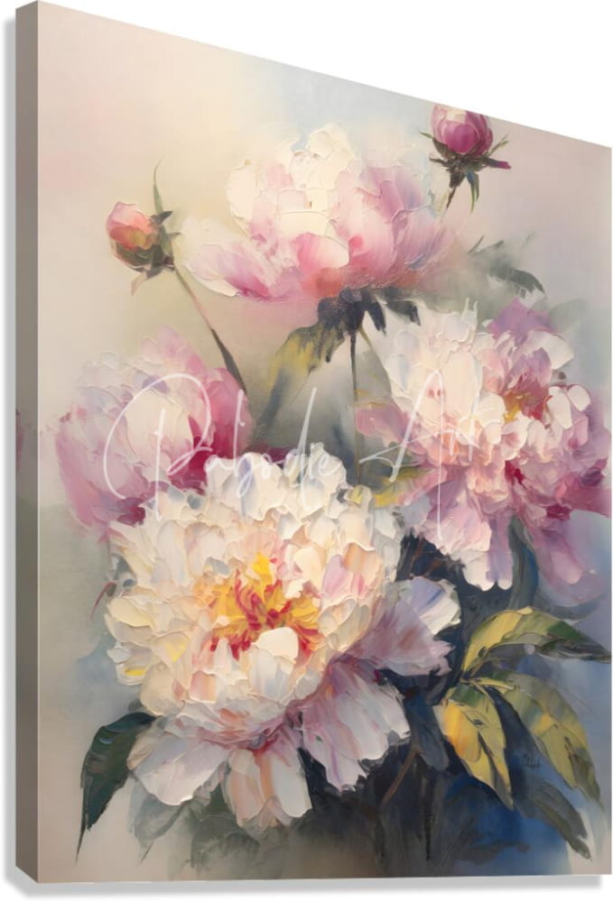A soft watercolor painting peonies in pink and white shades on canvas titled painting peonies