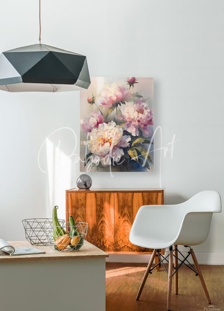 A vibrant pink and white peony floral painting with soft brushstrokes displayed above a wooden cabinet